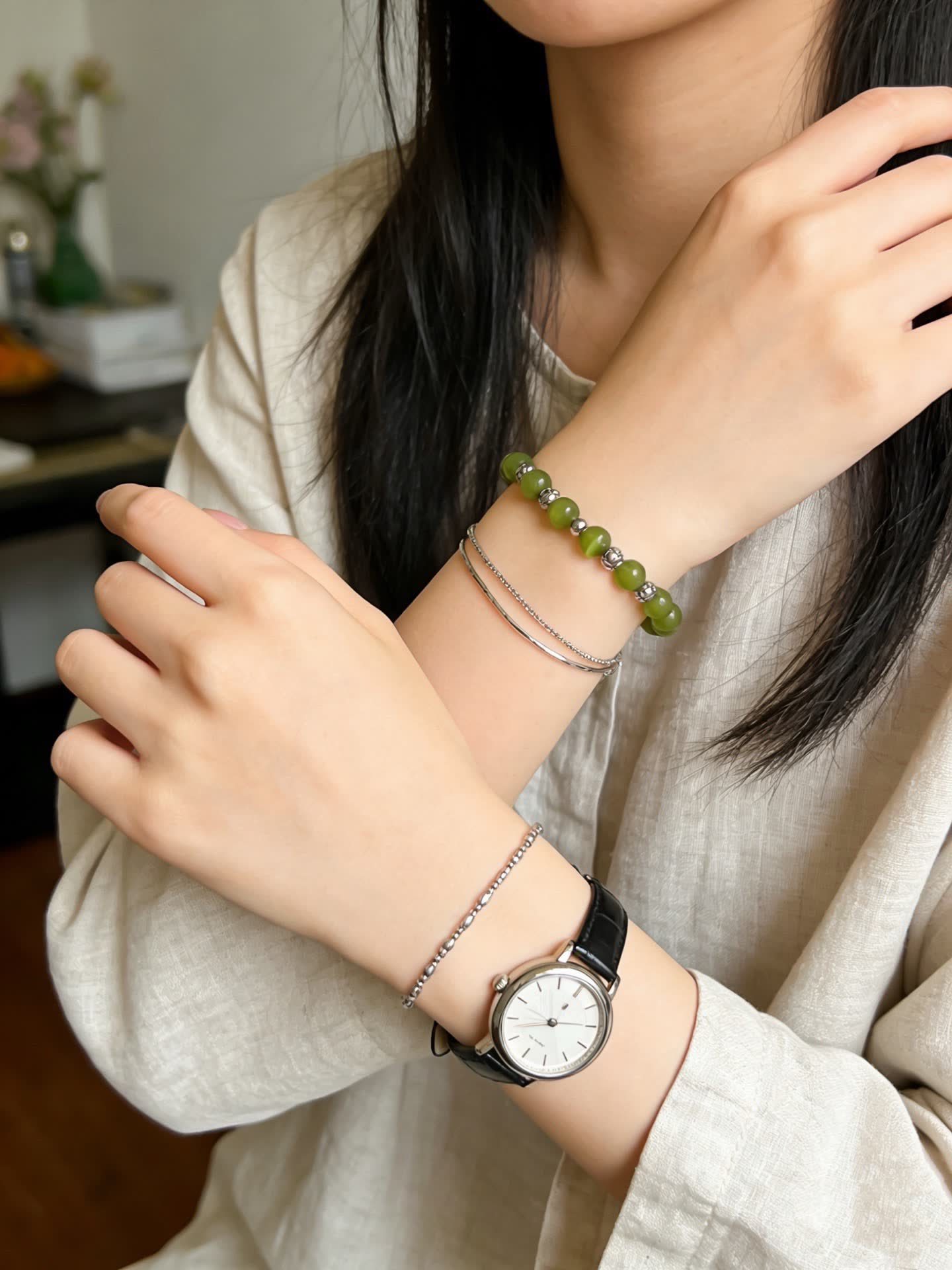 Tiffany & Co Green Beaded Bracelet with Silver Accents